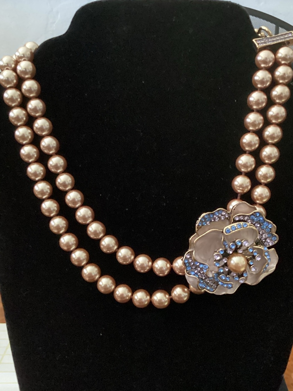 Double-Strand Pink Pearl Necklace with Blue Crystal Floral Accent